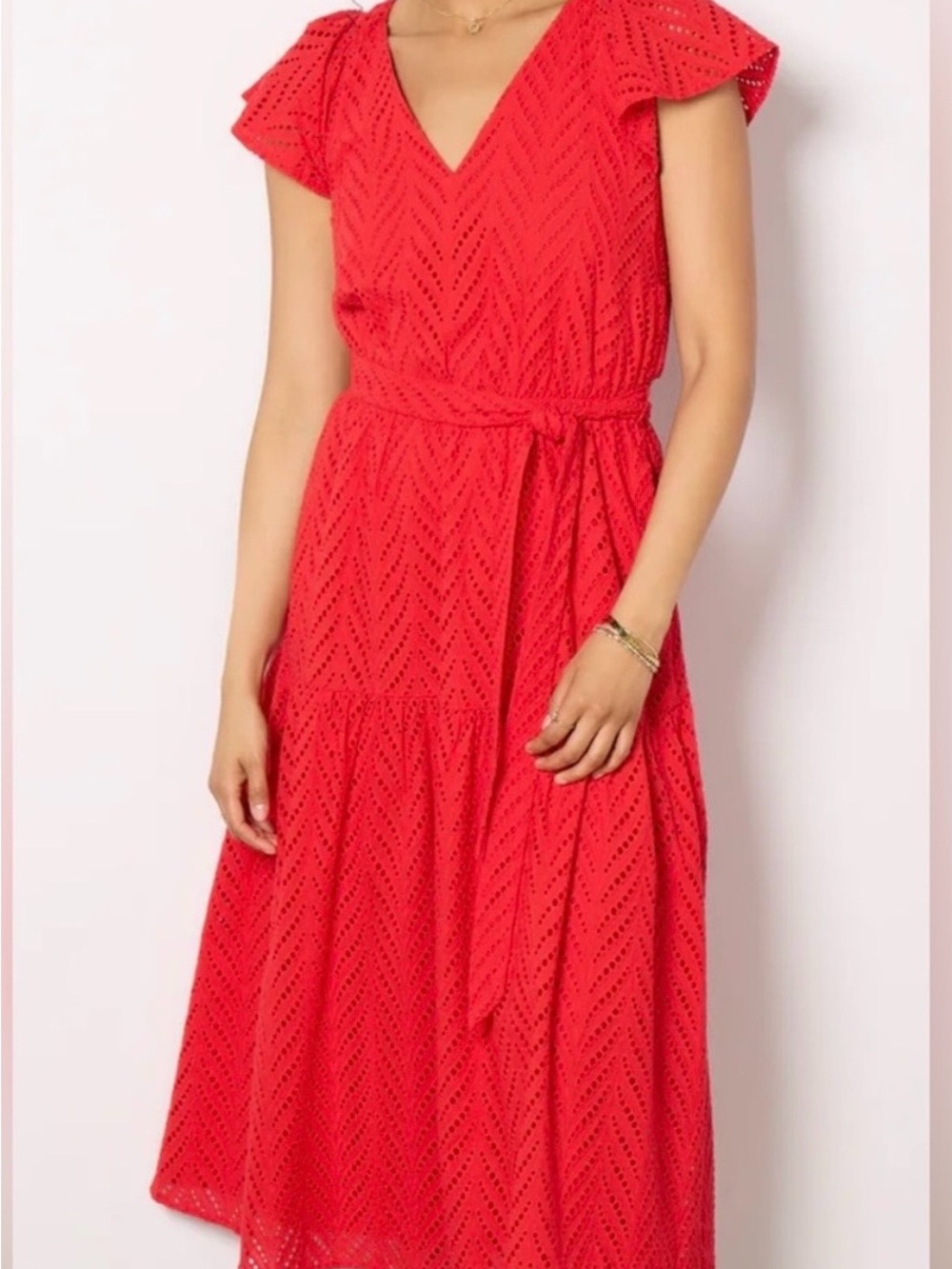 Evereve Red V-Neck Eyelet Maxi Dress - 100% Cotton, lined, with pockets